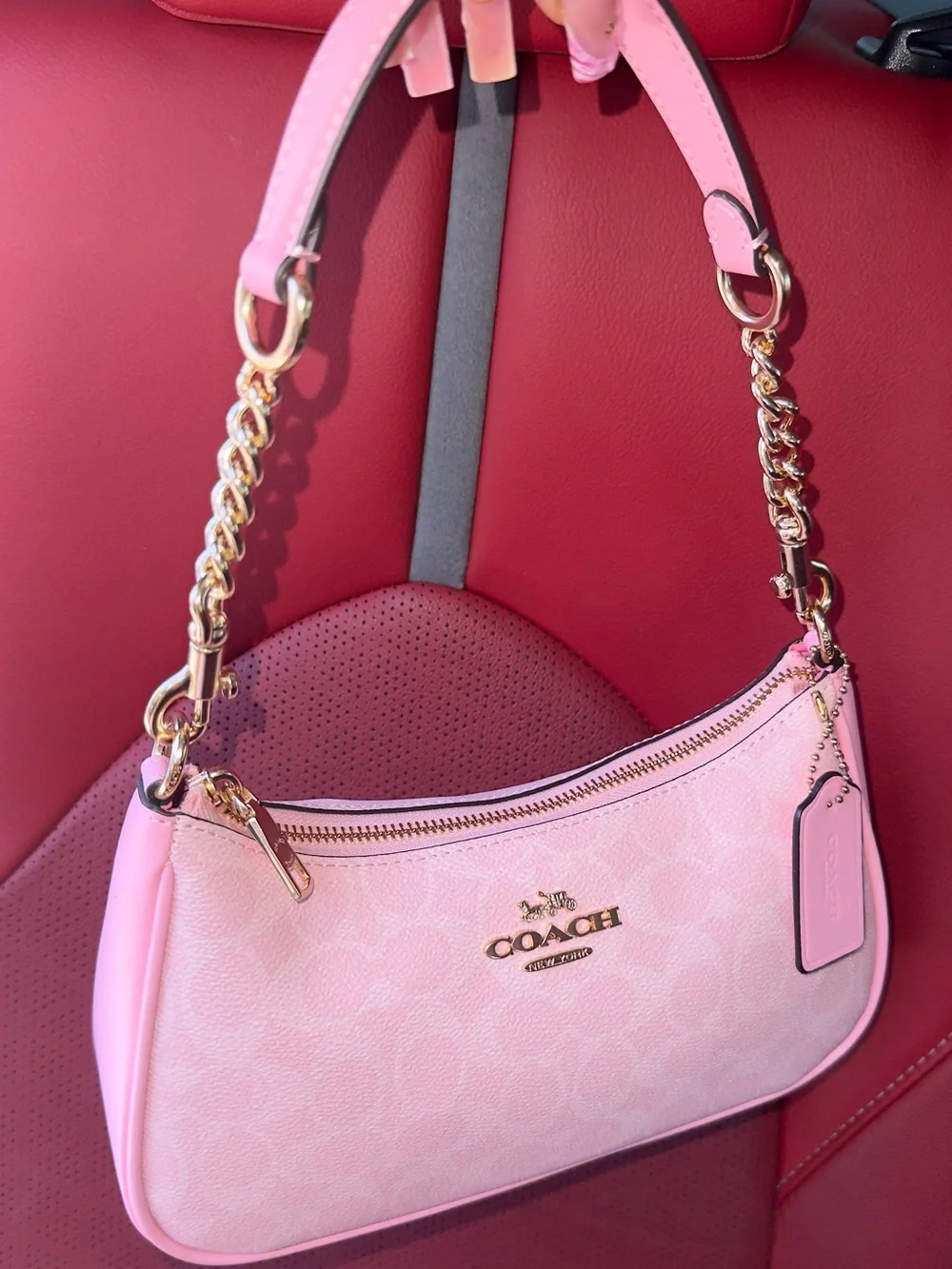 Coach Pink Signature Mini Shoulder Bag with Gold Chain